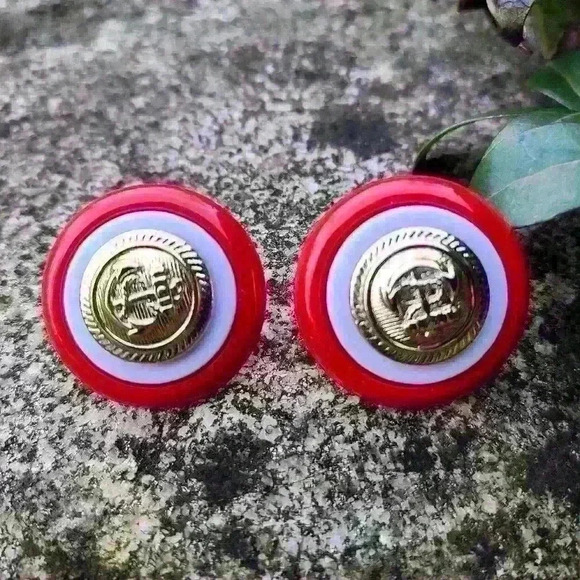 Vintage boat anchor  earrings red white gold colors - Picture 3 of 13